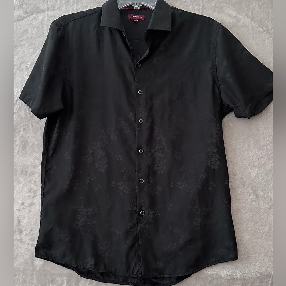 Consequence Shirt Men Large Black Short-Sleeve Floral Jacquard Button-Down Shirt